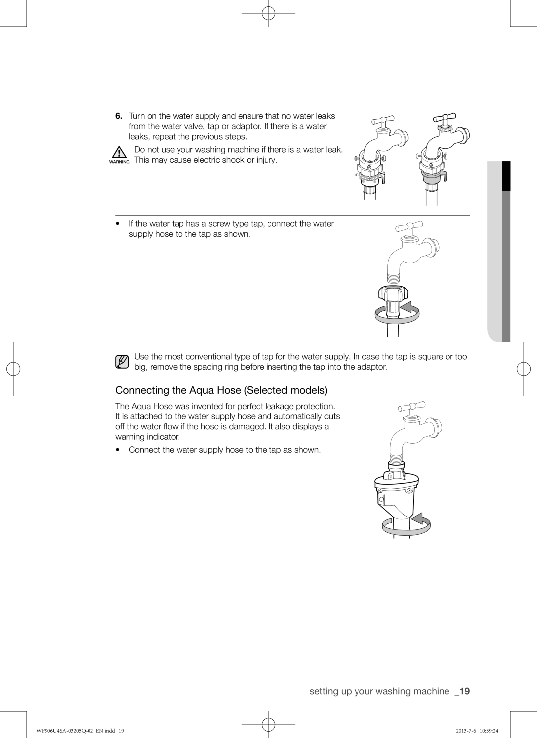 Samsung WF906U4SAWQ/KJ manual Connecting the Aqua Hose Selected models 