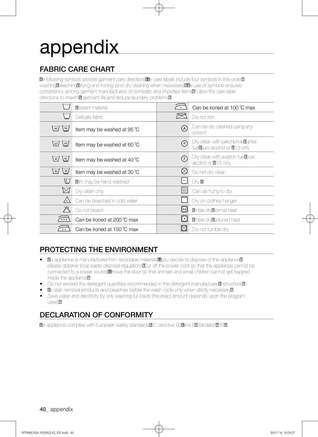 Samsung WF906U4SAWQ/KJ manual Appendix, Fabric care chart, Protecting the environment, Declaration of conformity 