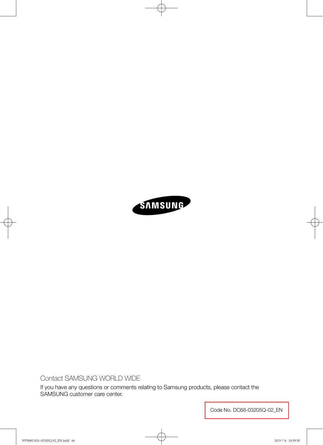 Samsung WF906U4SAWQ/KJ manual Contact Samsung World Wide 