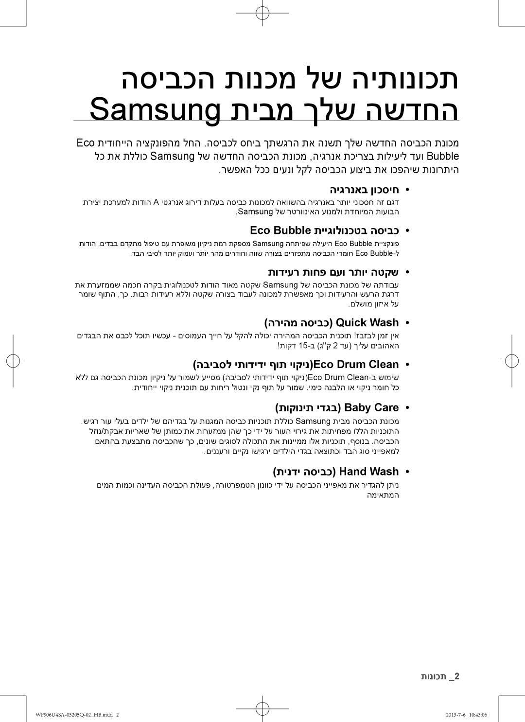 Samsung WF906U4SAWQ/KJ manual הסיבכה תונכמ לש היתונוכת Samsung תיבמ ךלש השדחה 