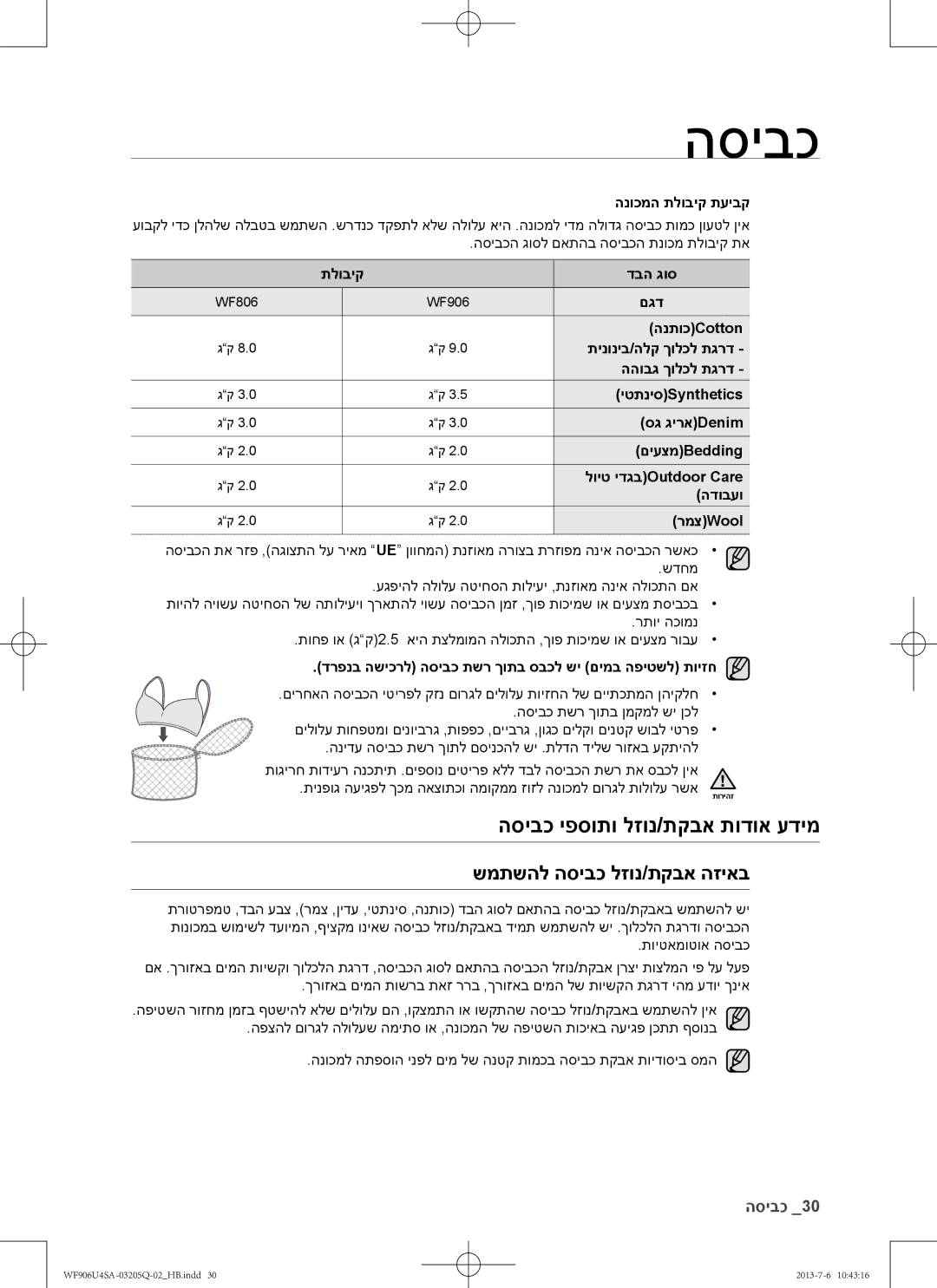 Samsung WF906U4SAWQ/KJ manual הסיבכ יפסותו לזונ/תקבא תודוא עדימ, שמתשהל הסיבכ לזונ/תקבא הזיאב 