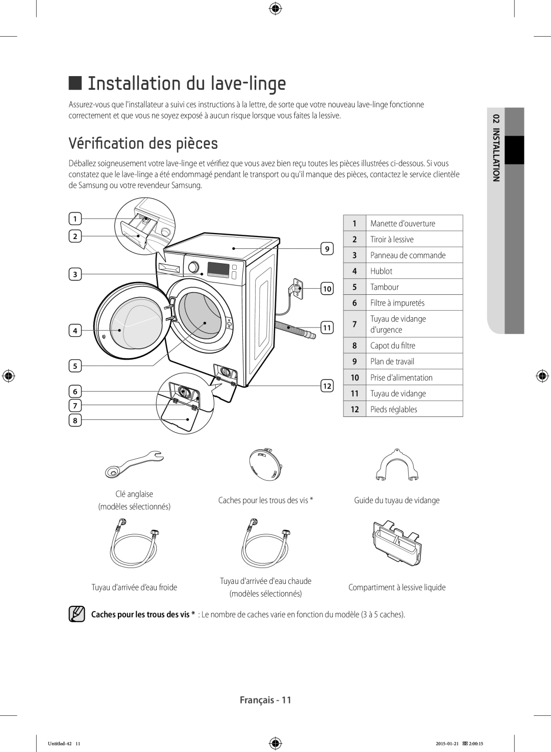 Samsung WF90F5E0W2W/EF manual Installation du lave-linge, Vérification des pièces 