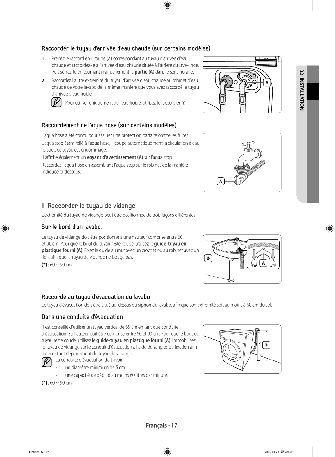 Samsung WF90F5E0W2W/EF manual Raccorder le tuyau de vidange, 60 ~ 90 cm 