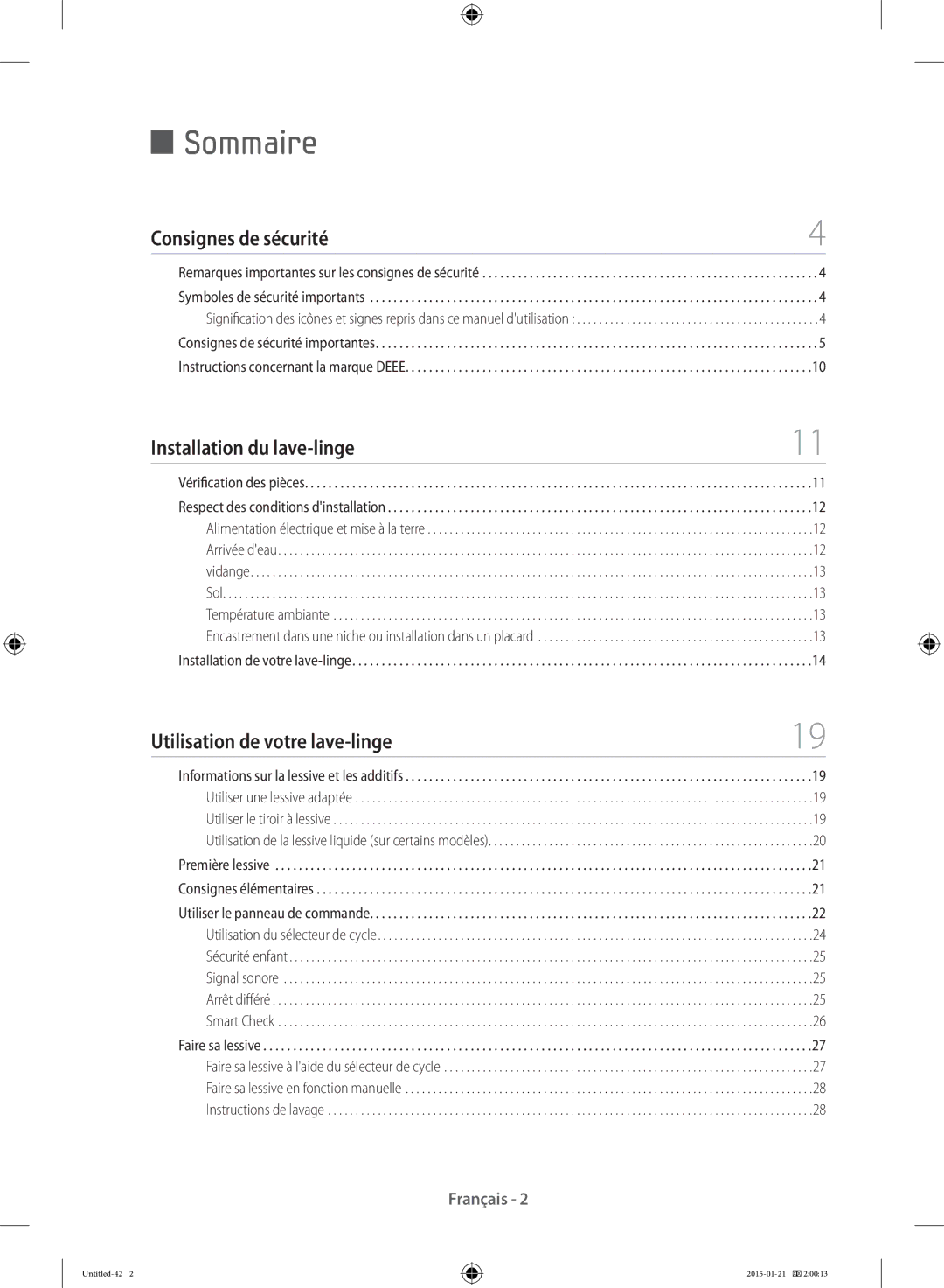 Samsung WF90F5E0W2W/EF manual Sommaire, Consignes de sécurité 