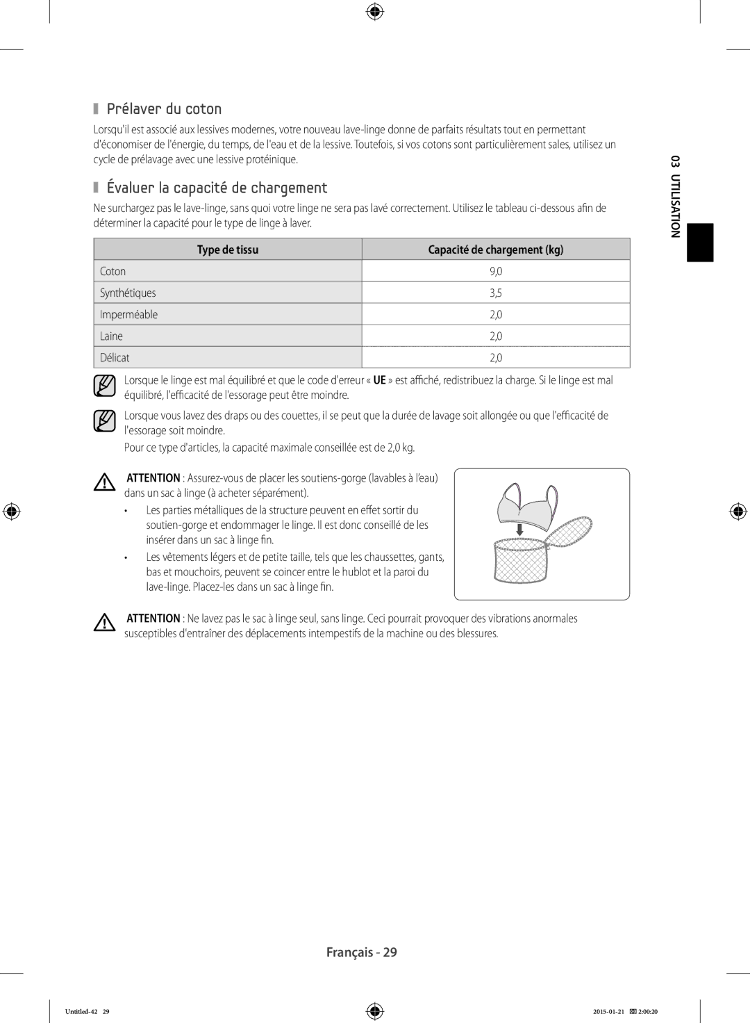 Samsung WF90F5E0W2W/EF manual Prélaver du coton, Évaluer la capacité de chargement, Type de tissu Capacité de chargement kg 