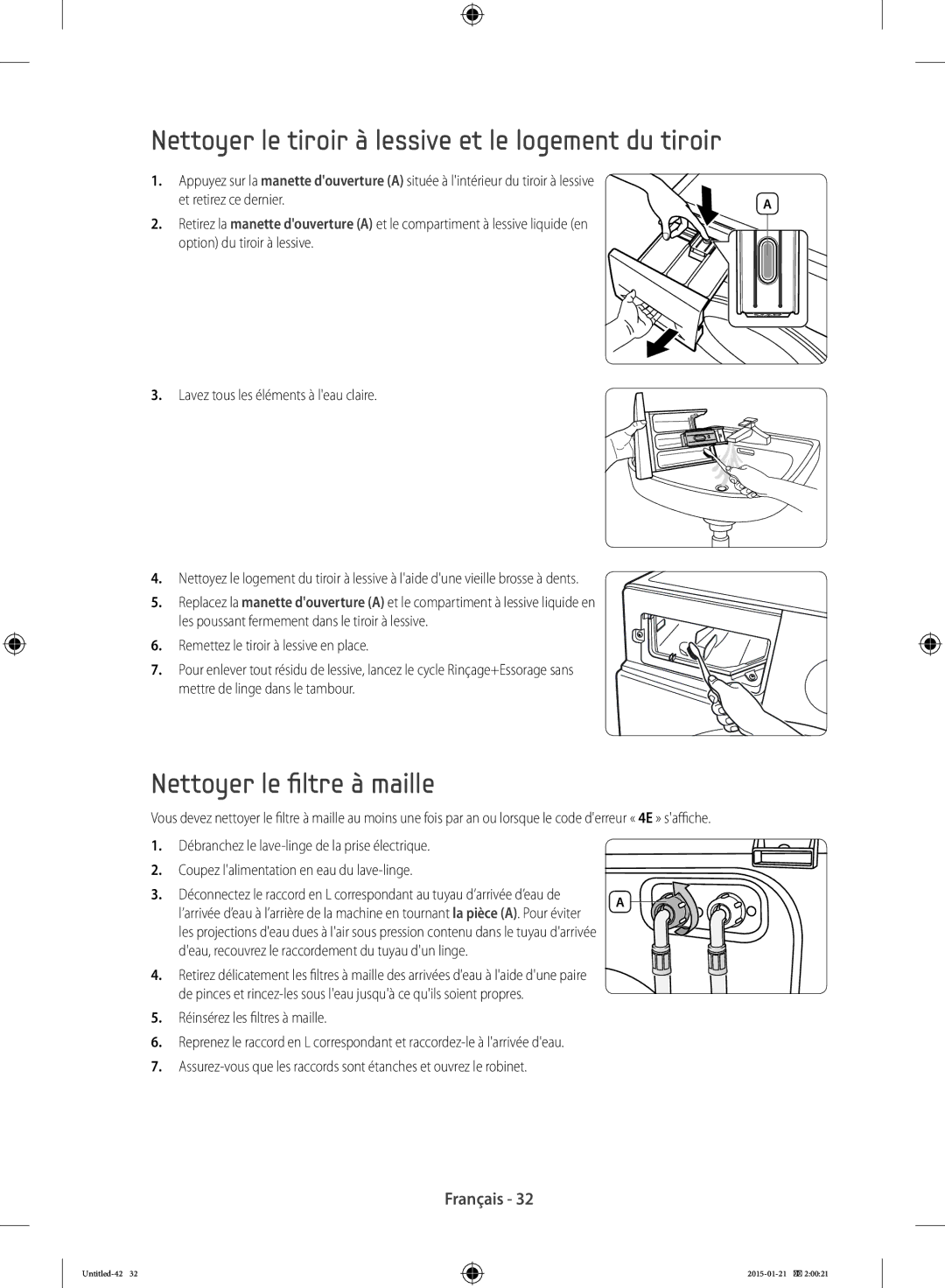 Samsung WF90F5E0W2W/EF manual Nettoyer le tiroir à lessive et le logement du tiroir, Nettoyer le filtre à maille 