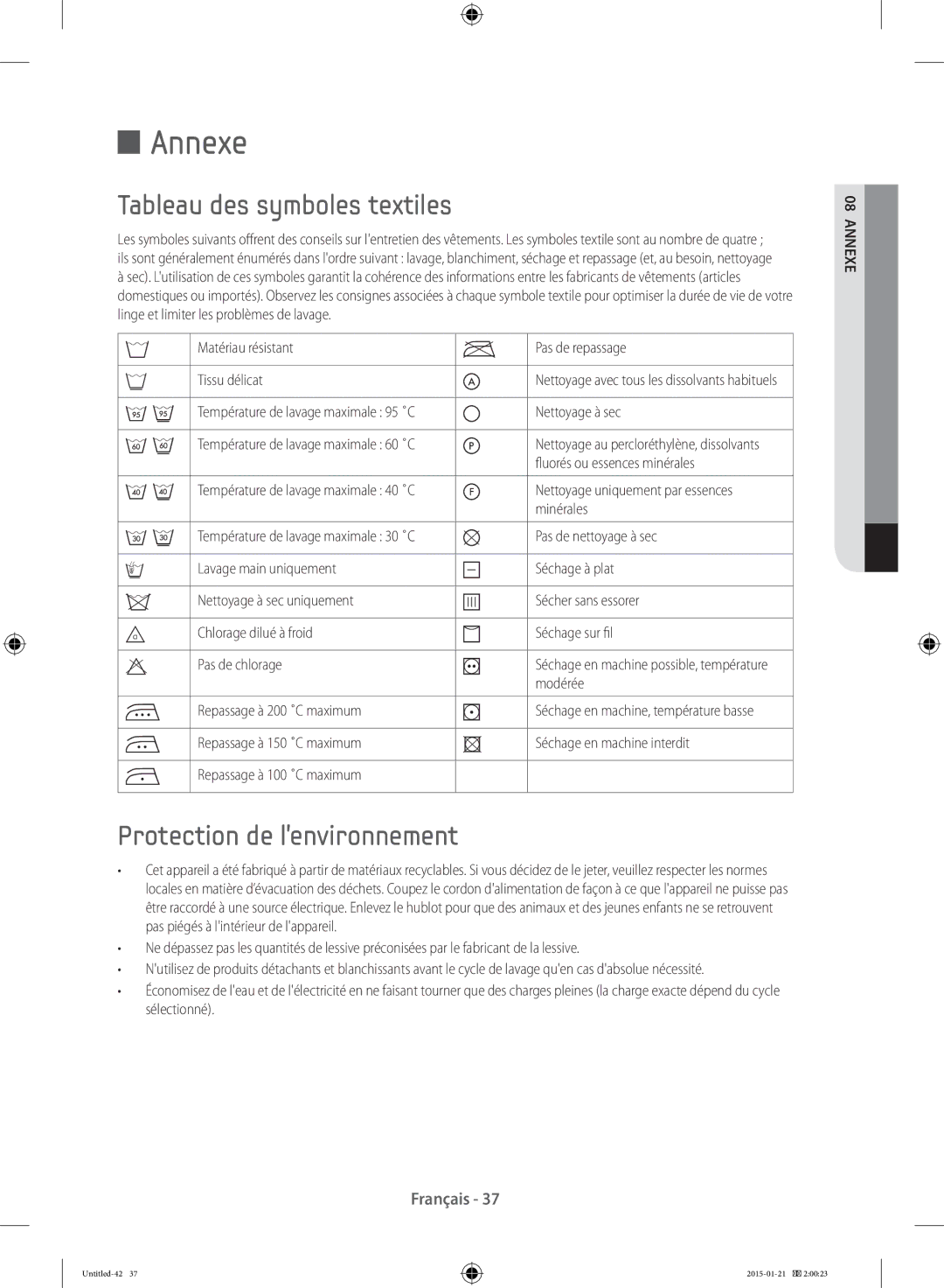 Samsung WF90F5E0W2W/EF manual Annexe, Tableau des symboles textiles, Protection de l’environnement 