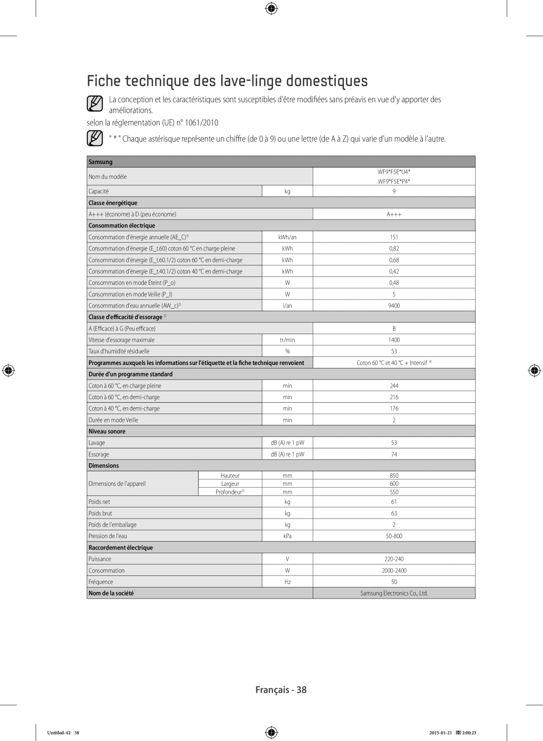 Samsung WF90F5E0W2W/EF manual Fiche technique des lave-linge domestiques, Consommation électrique 