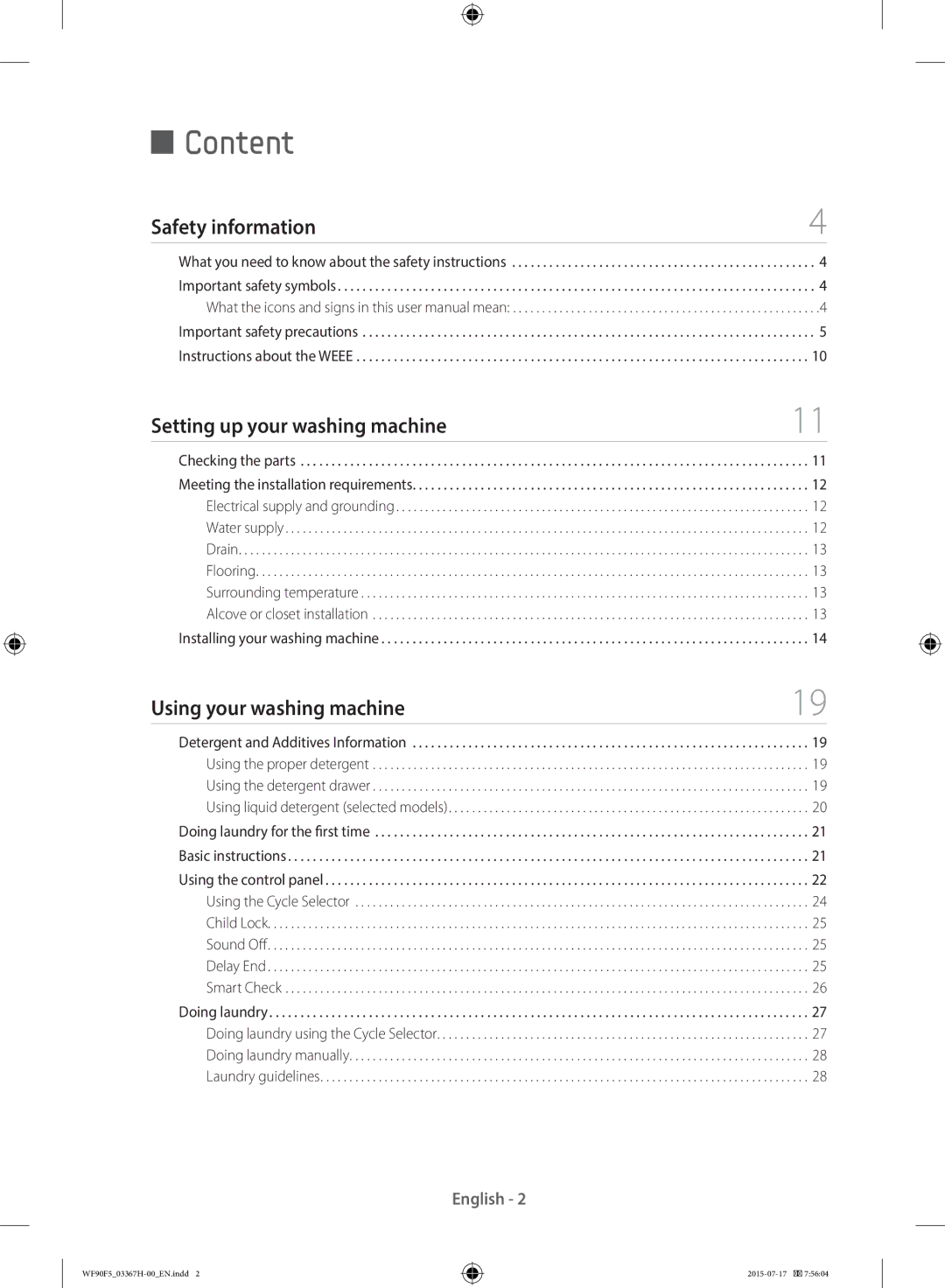 Samsung WF90F5E3U4W/EE manual Content, Safety information Setting up your washing machine, Using your washing machine 