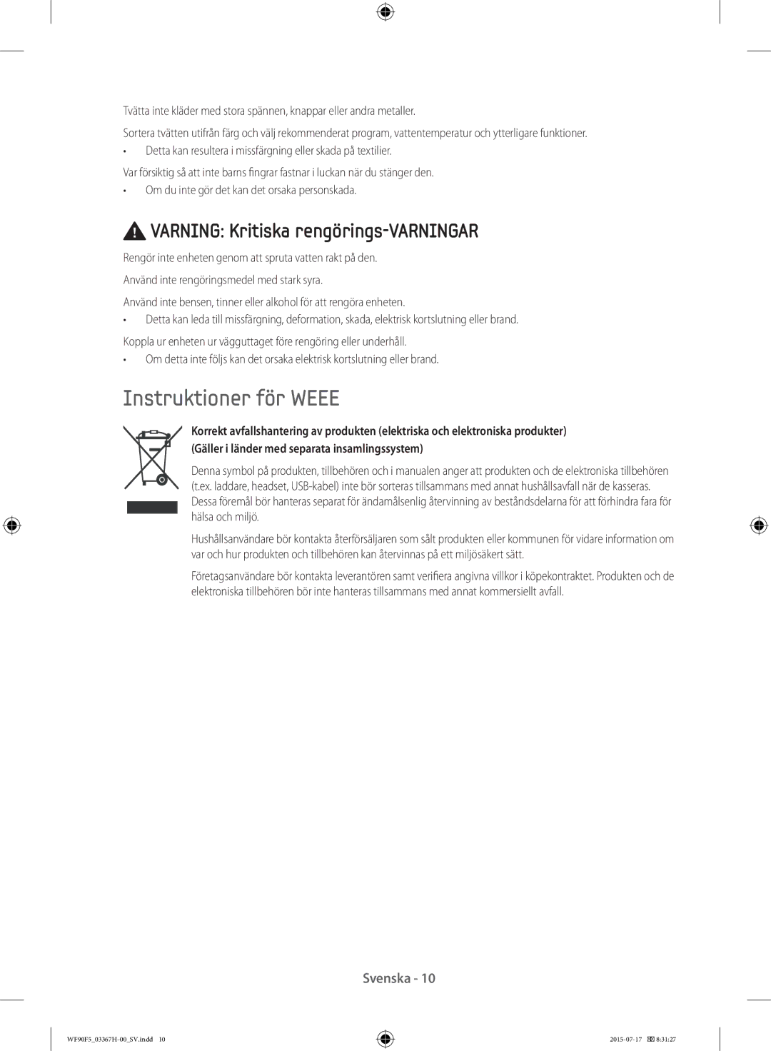 Samsung WF90F5E3U4W/EE manual Instruktioner för Weee, Varning Kritiska rengörings-VARNINGAR 
