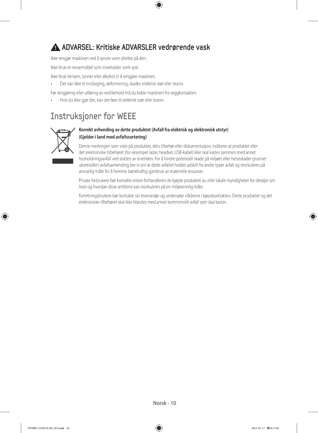 Samsung WF90F5E3U4W/EE manual Instruksjoner for Weee 