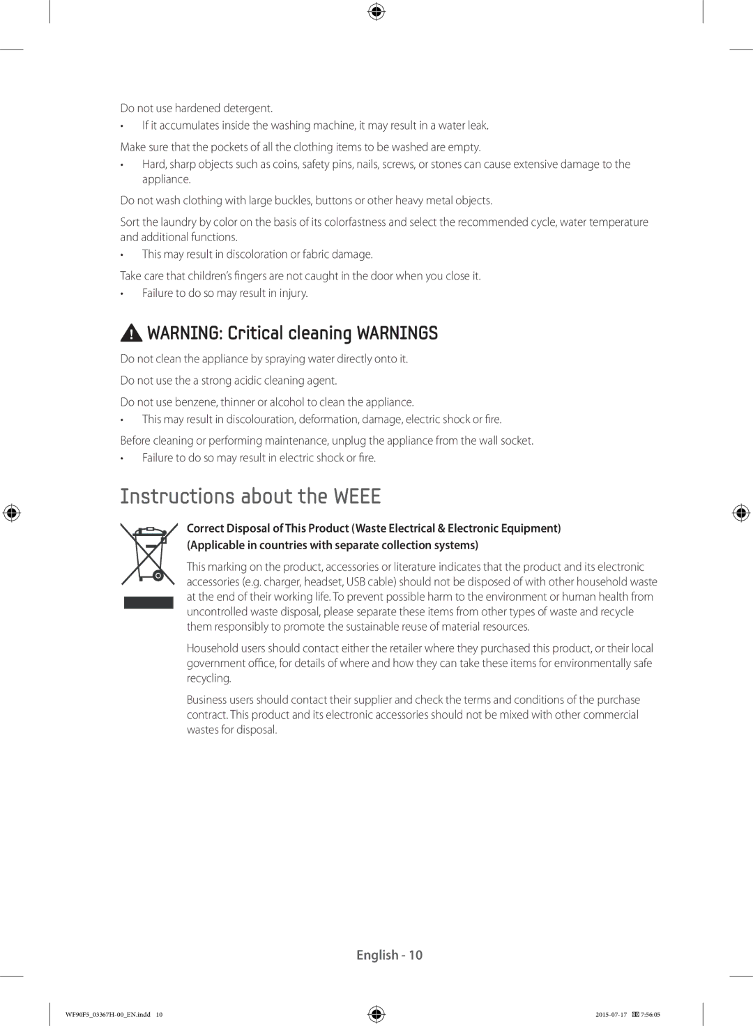 Samsung WF90F5E3U4W/EE manual Instructions about the Weee 