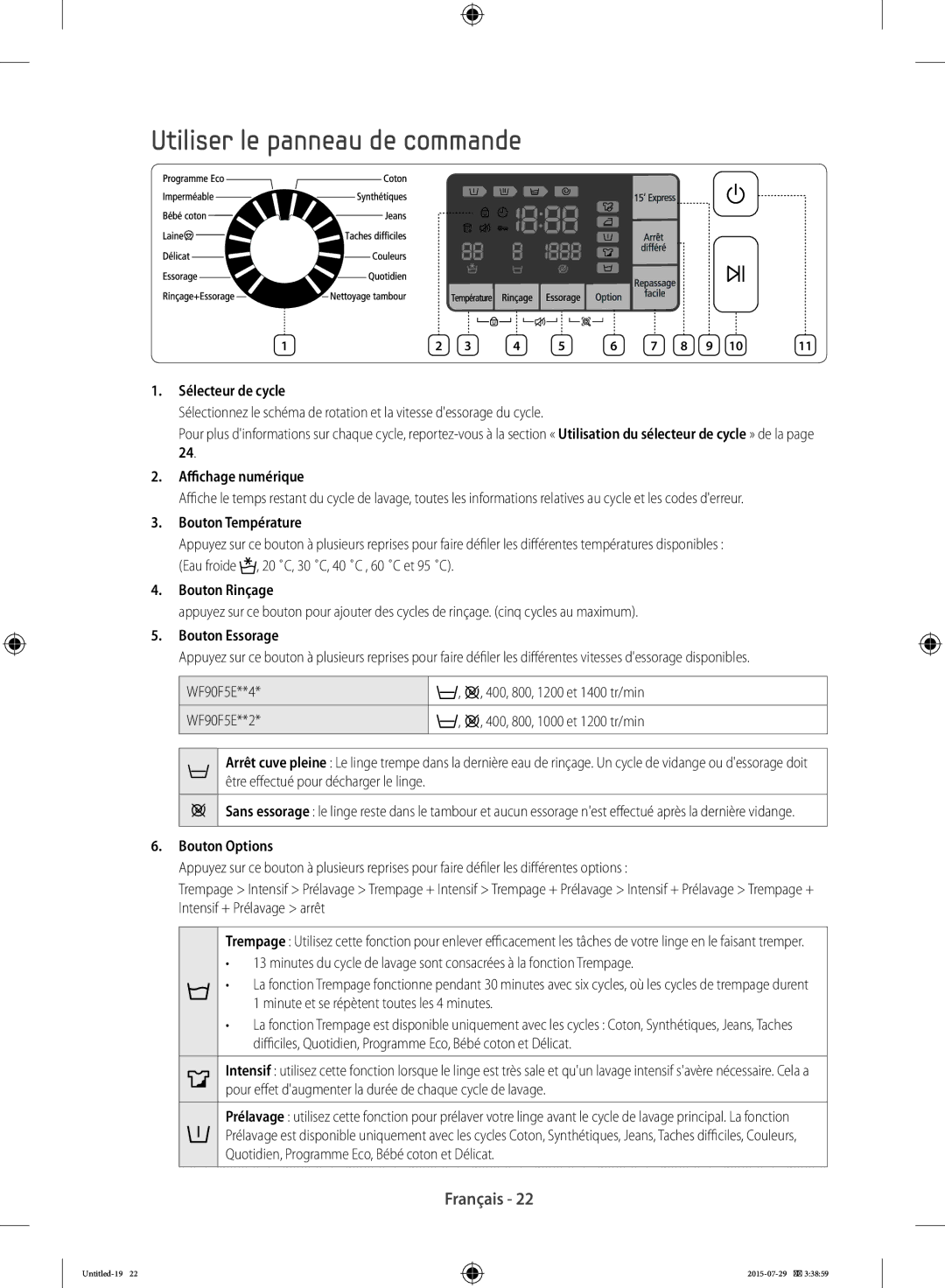 Samsung WF90F5E5U4W/EF, WF90F5E3U4W/EF, WF90F5EBU4W/EF manual Utiliser le panneau de commande 