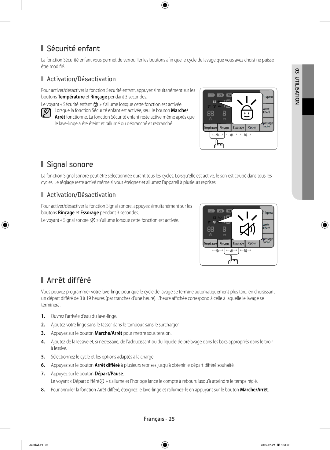 Samsung WF90F5E5U4W/EF, WF90F5E3U4W/EF manual Sécurité enfant, Signal sonore, Arrêt différé, Activation/Désactivation 