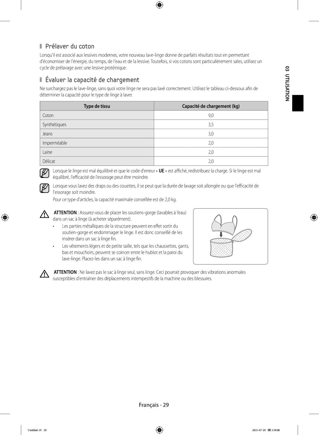 Samsung WF90F5EBU4W/EF manual Prélaver du coton, Évaluer la capacité de chargement, Type de tissu Capacité de chargement kg 