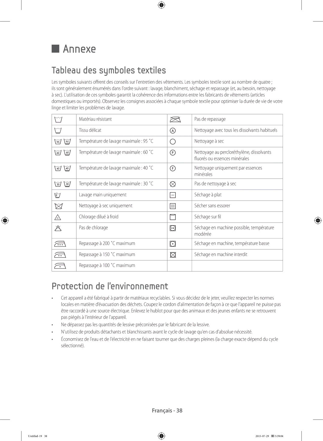 Samsung WF90F5EBU4W/EF, WF90F5E3U4W/EF, WF90F5E5U4W/EF Annexe, Tableau des symboles textiles, Protection de l’environnement 