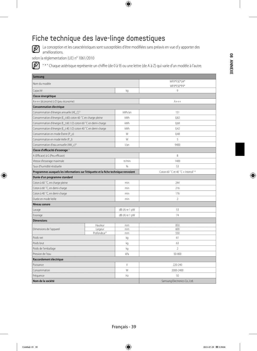 Samsung WF90F5E3U4W/EF, WF90F5E5U4W/EF, WF90F5EBU4W/EF Fiche technique des lave-linge domestiques, Consommation électrique 