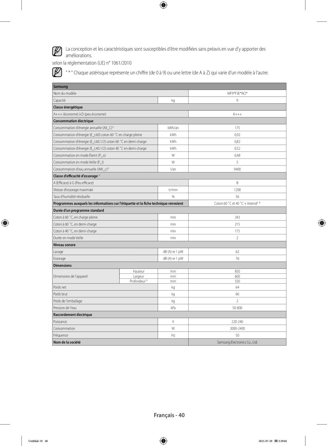 Samsung WF90F5E5U4W/EF, WF90F5E3U4W/EF, WF90F5EBU4W/EF manual Nom du modèle Capacité 