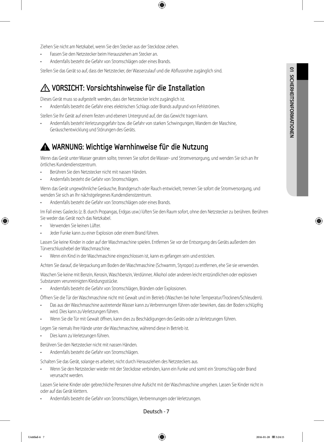 Samsung WF90F5E5P4W/EG Vorsicht Vorsichtshinweise für die Installation, Warnung Wichtige Warnhinweise für die Nutzung 