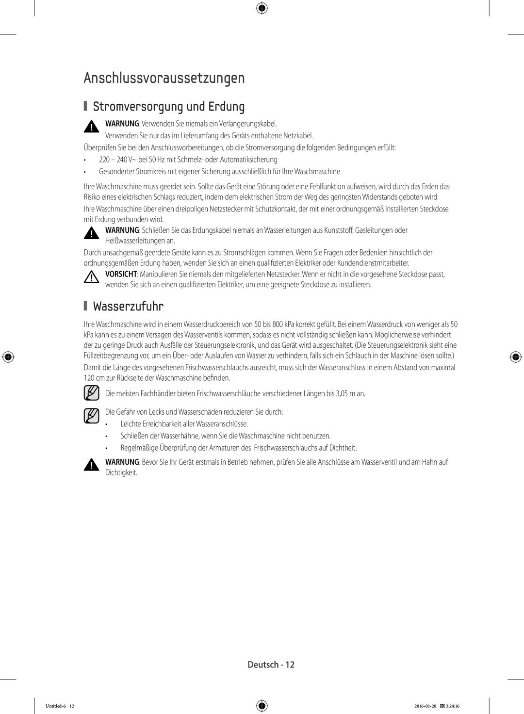 Samsung WF90F5E5P4W/EG manual Anschlussvoraussetzungen, Stromversorgung und Erdung, Wasserzufuhr 