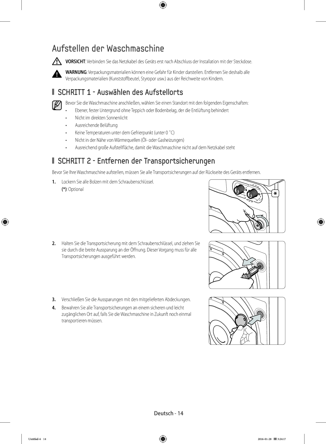 Samsung WF90F5E5P4W/EG manual Aufstellen der Waschmaschine, Schritt 1 Auswählen des Aufstellorts, Transportieren müssen 