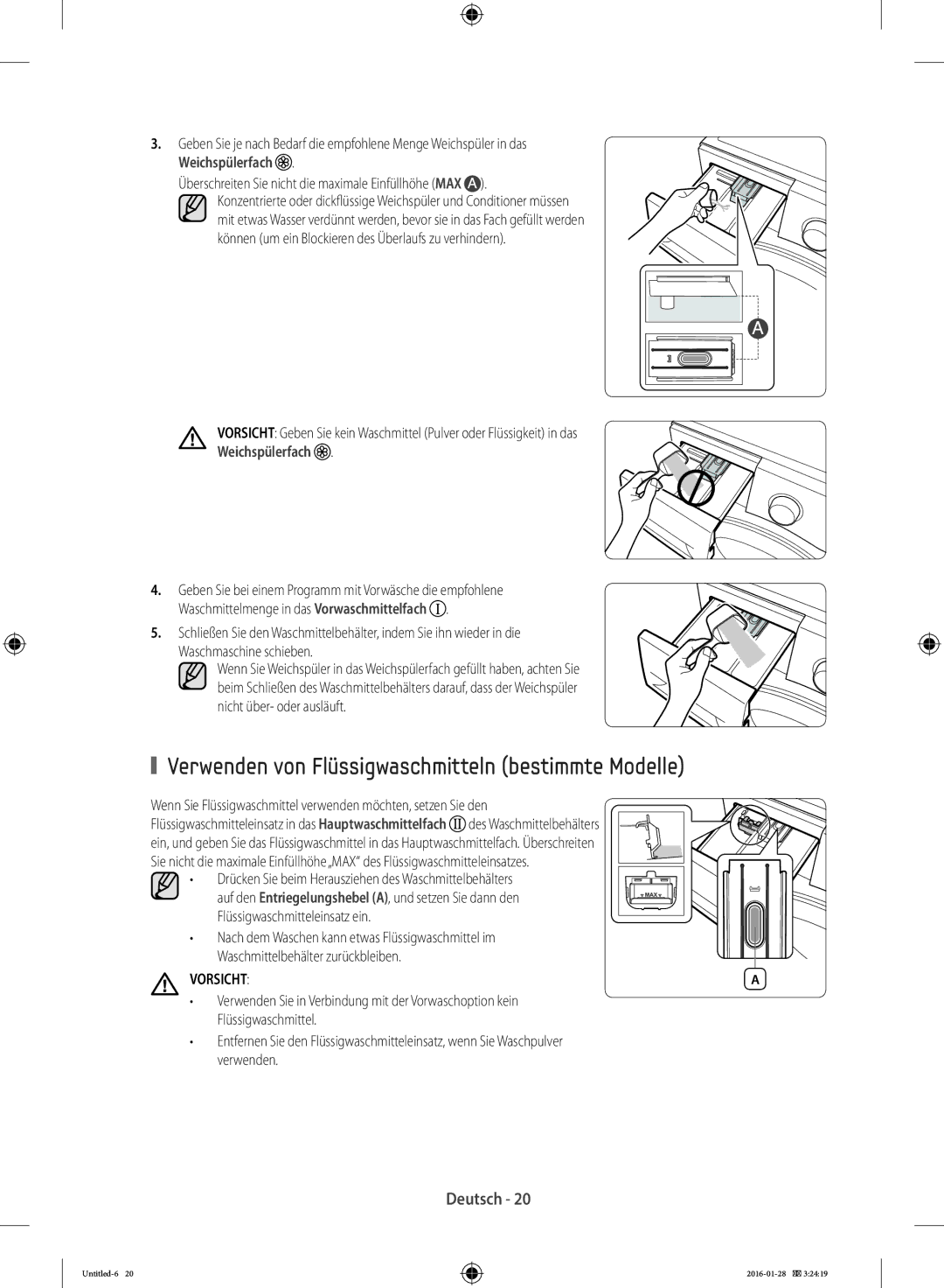 Samsung WF90F5E5P4W/EG manual Verwenden von Flüssigwaschmitteln bestimmte Modelle 