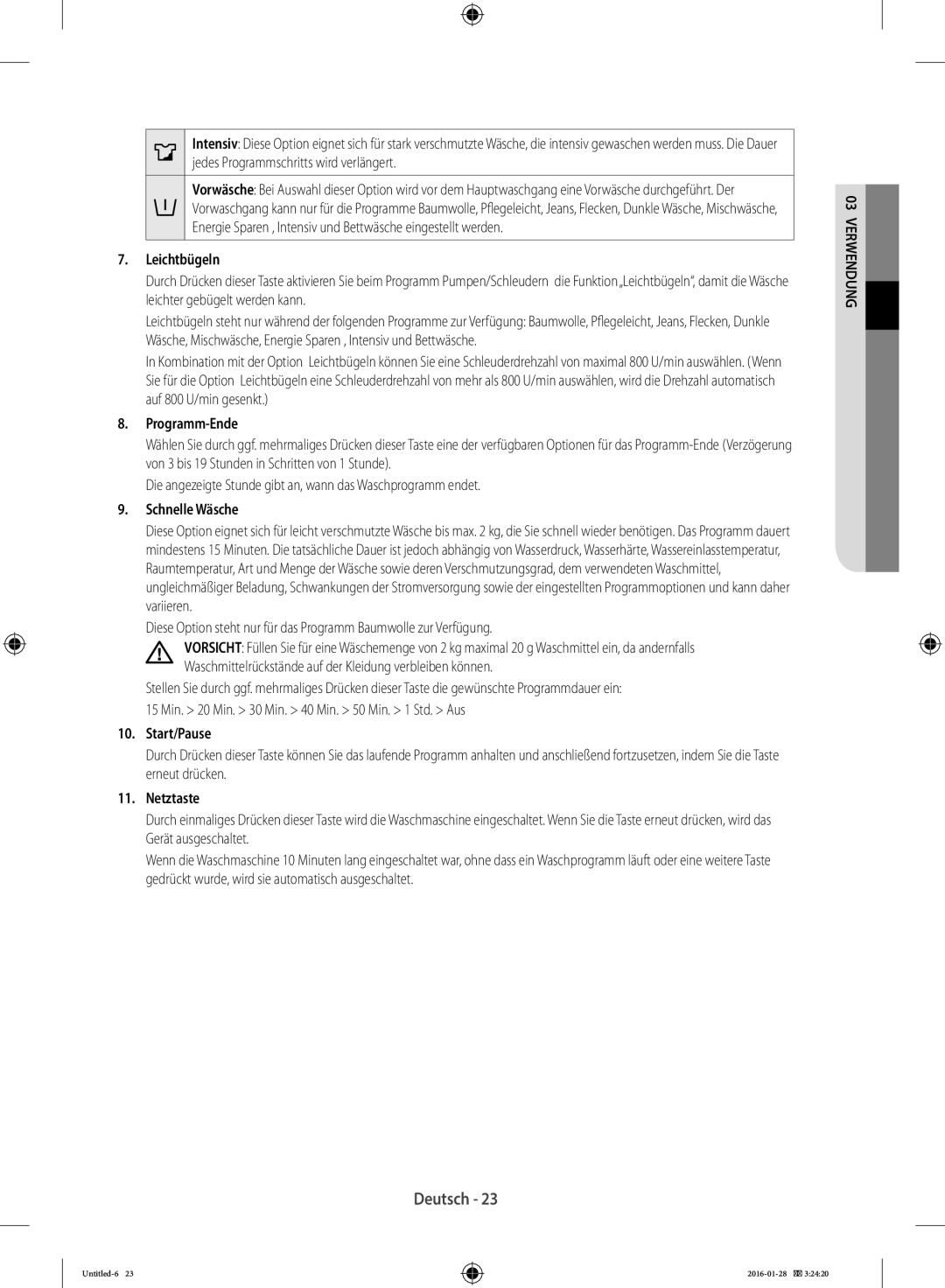 Samsung WF90F5E5P4W/EG manual Leichtbügeln, Programm-Ende, Schnelle Wäsche, Start/Pause, Netztaste 