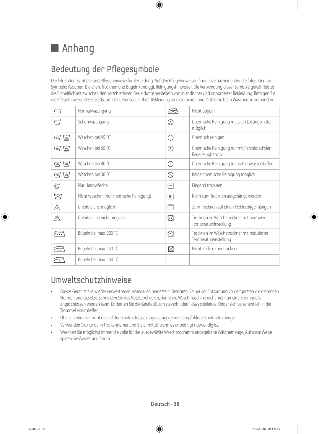 Samsung WF90F5E5P4W/EG manual Anhang, Bedeutung der Pflegesymbole, Umweltschutzhinweise 