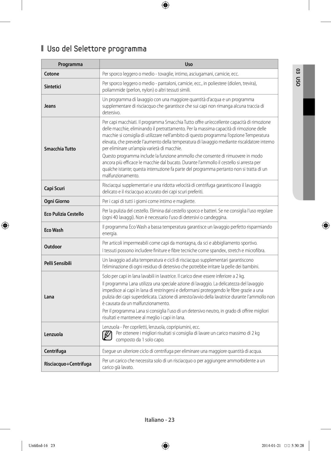 Samsung WF90F5E5W2W/ET, WF90F5E5P4W/ET manual Uso del Selettore programma 