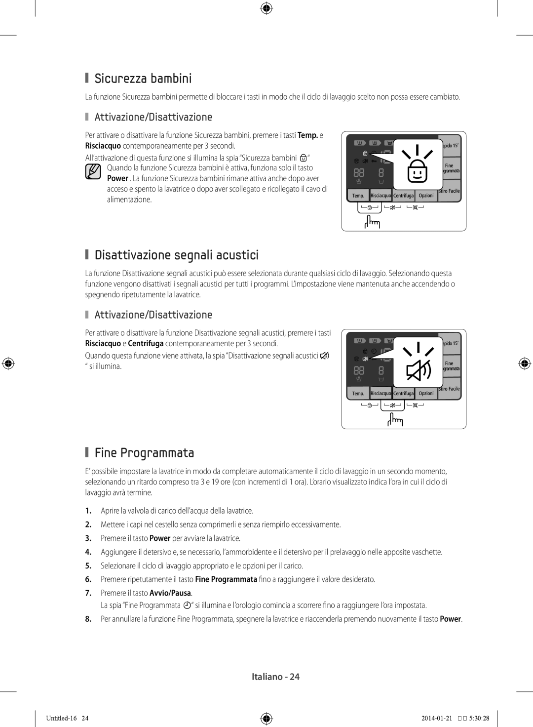 Samsung WF90F5E5P4W/ET Sicurezza bambini, Disattivazione segnali acustici, Fine Programmata, Attivazione/Disattivazione 