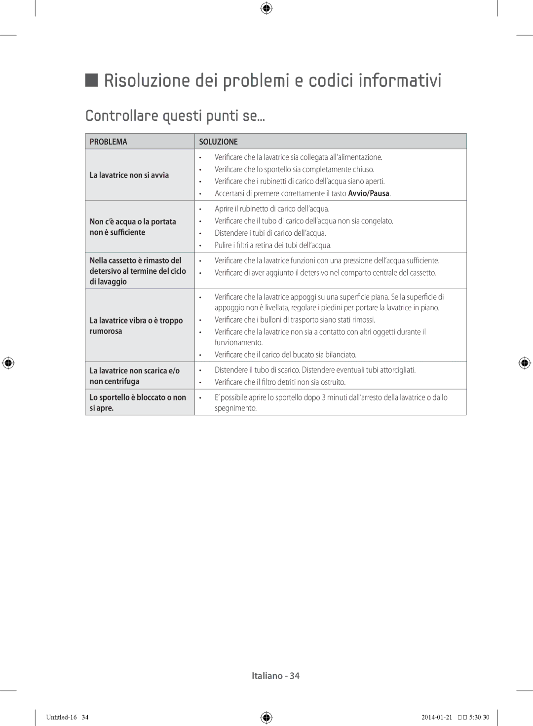 Samsung WF90F5E5P4W/ET, WF90F5E5W2W/ET manual Risoluzione dei problemi e codici informativi, Controllare questi punti se 