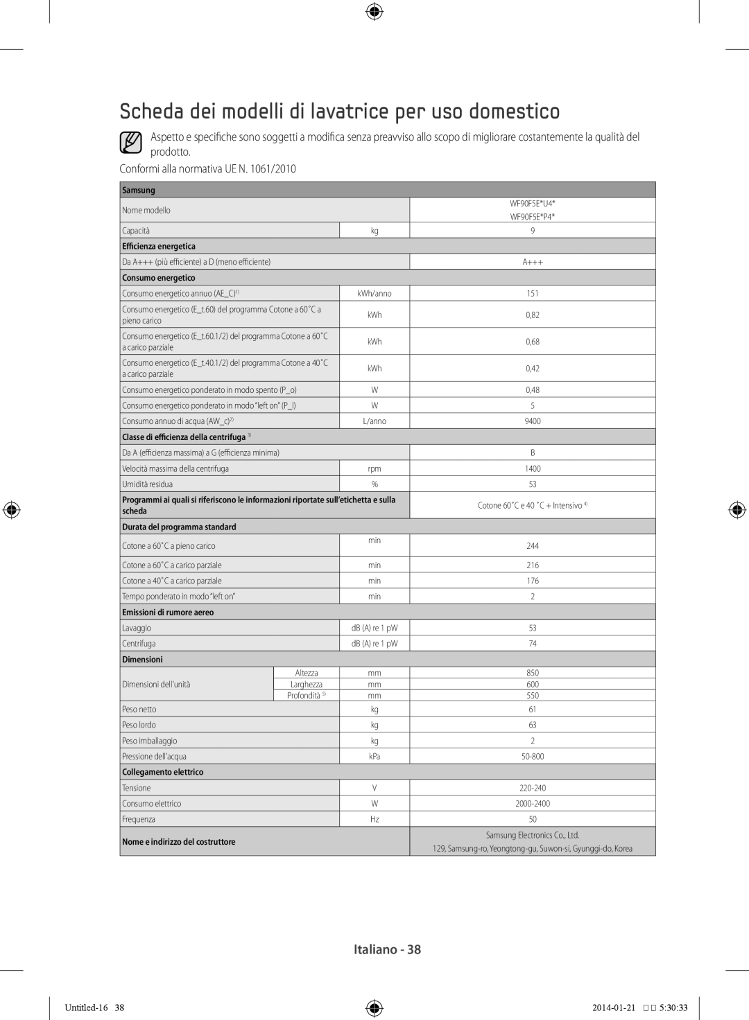 Samsung WF90F5E5P4W/ET, WF90F5E5W2W/ET manual Scheda dei modelli di lavatrice per uso domestico, Consumo energetico 