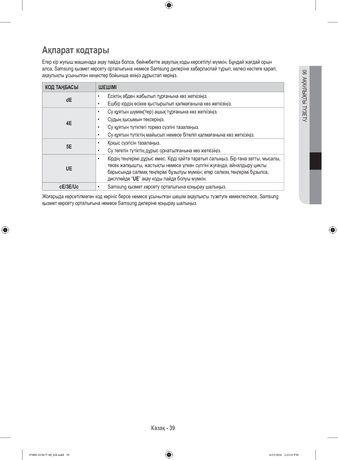 Samsung WF90F5EGU4W/LP, WF90F5E5U4W/LP manual Ақпарат кодтары, КОД Таңбасы Шешімі 