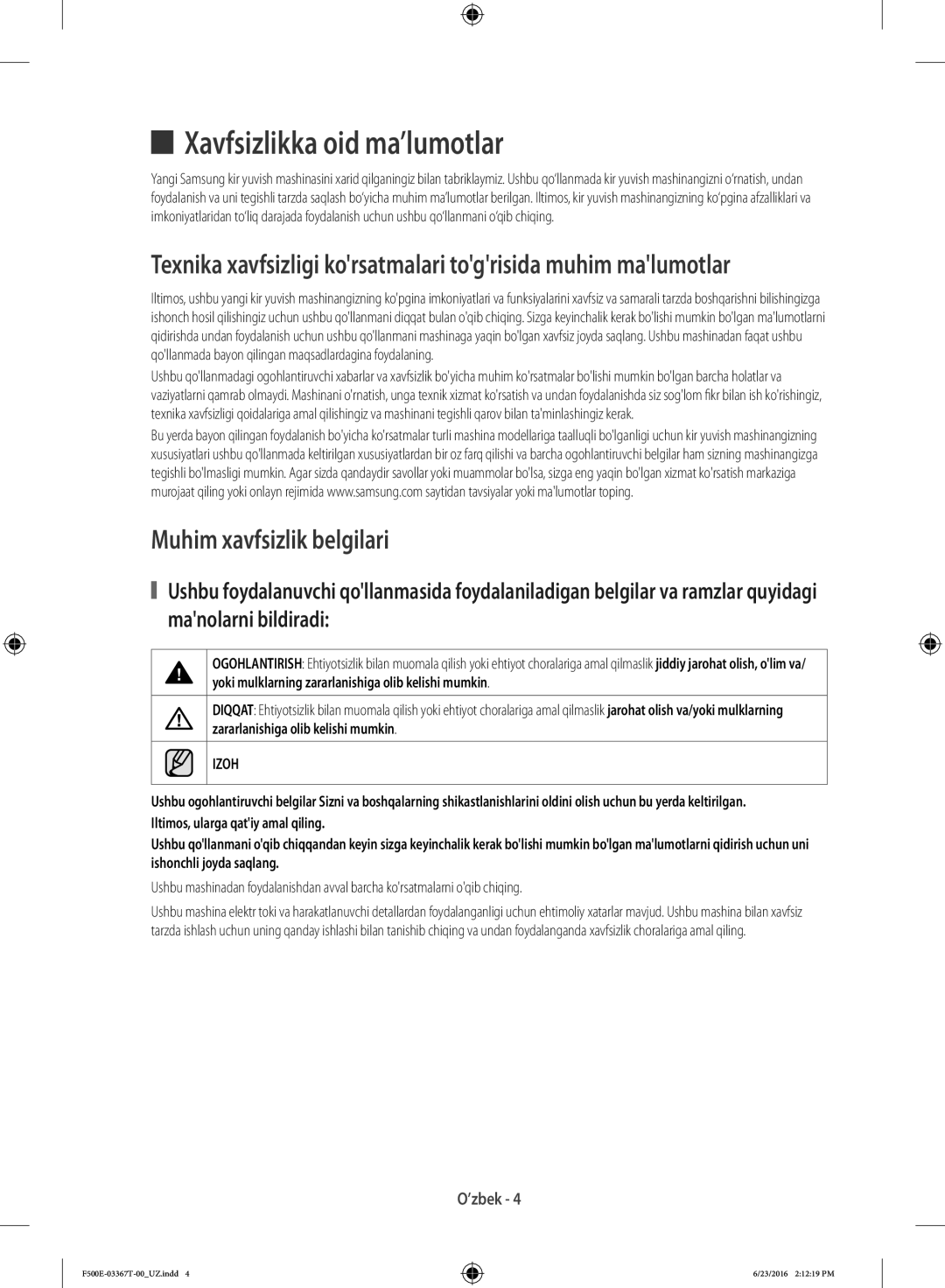 Samsung WF90F5E5U4W/LP, WF90F5EGU4W/LP manual Xavfsizlikka oid ma’lumotlar, Muhim xavfsizlik belgilari, Izoh 