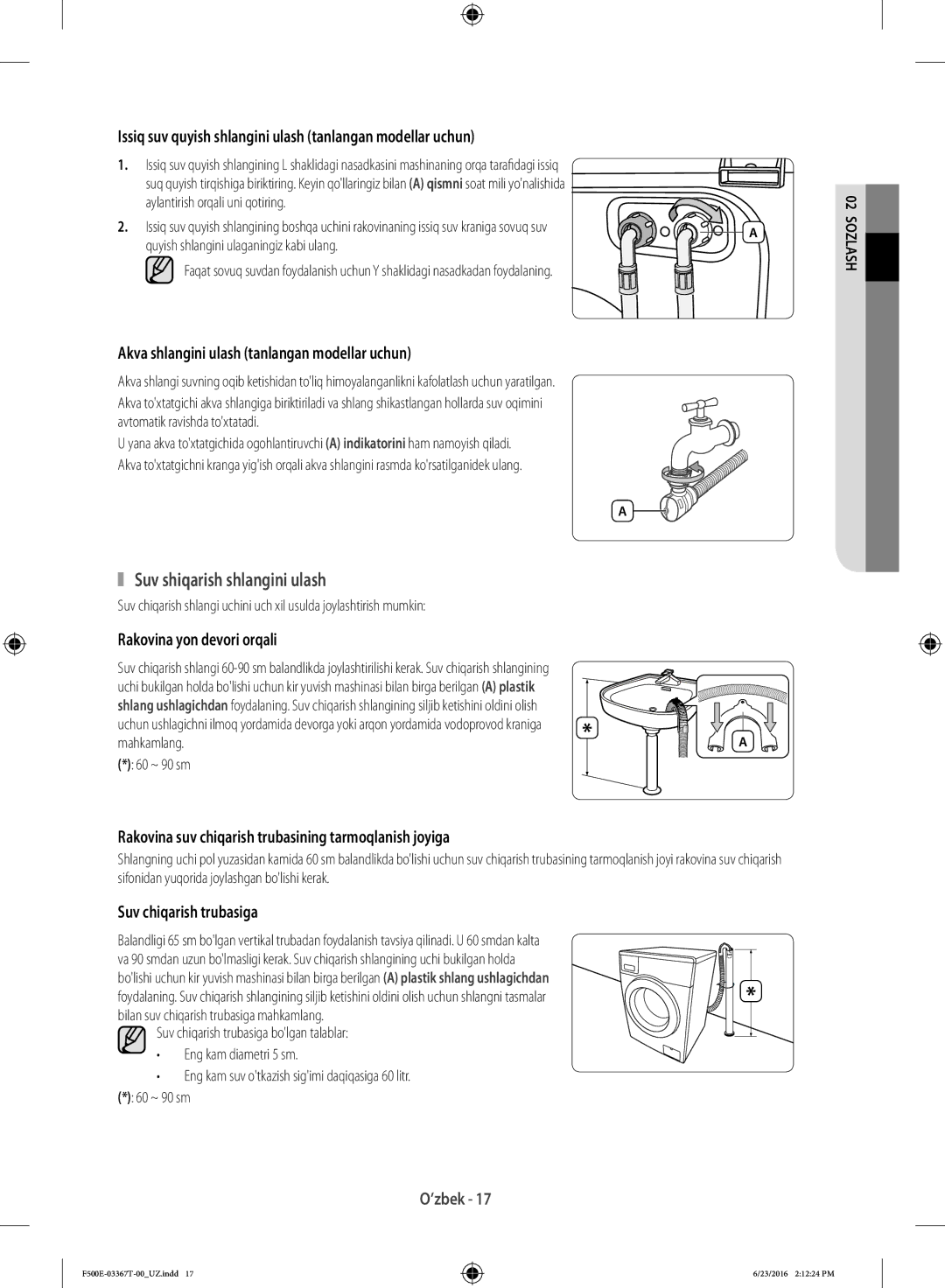Samsung WF90F5EGU4W/LP, WF90F5E5U4W/LP manual Suv shiqarish shlangini ulash, Mahkamlang.A 60 ~ 90 sm 