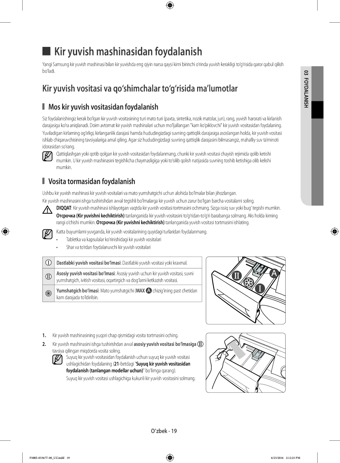 Samsung WF90F5EGU4W/LP, WF90F5E5U4W/LP manual Kir yuvish mashinasidan foydalanish, Mos kir yuvish vositasidan foydalanish 