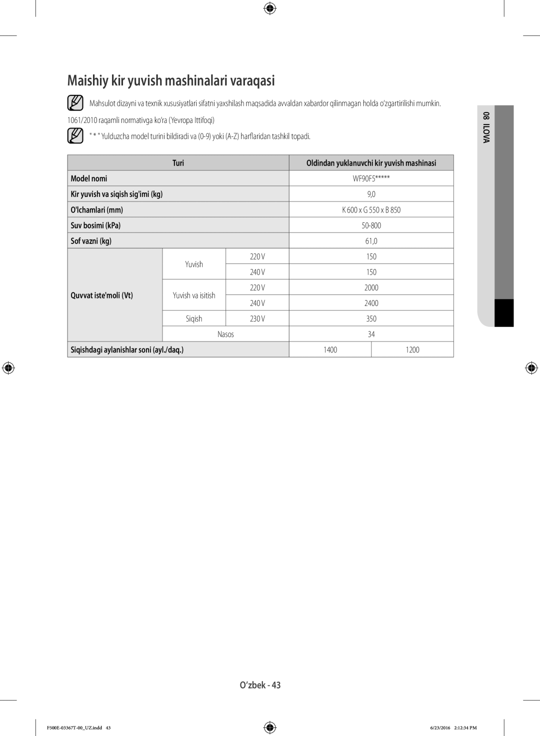 Samsung WF90F5EGU4W/LP, WF90F5E5U4W/LP manual Maishiy kir yuvish mashinalari varaqasi 