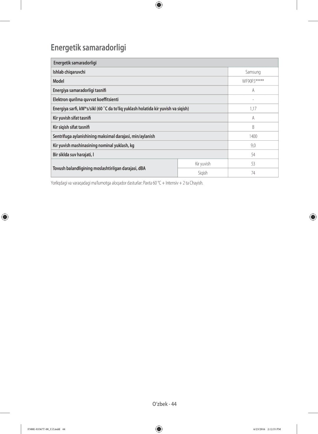 Samsung WF90F5E5U4W/LP, WF90F5EGU4W/LP manual Energetik samaradorligi Ishlab chiqaruvchi, Model 