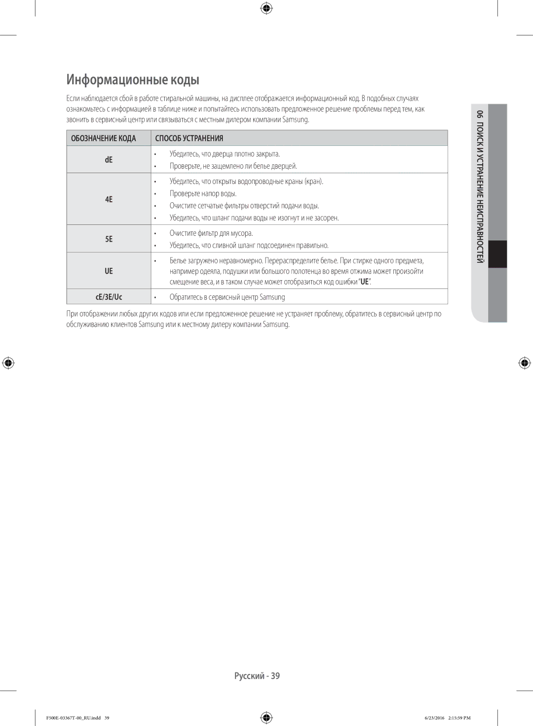 Samsung WF90F5EGU4W/LP, WF90F5E5U4W/LP manual Информационные коды, Способ Устранения 