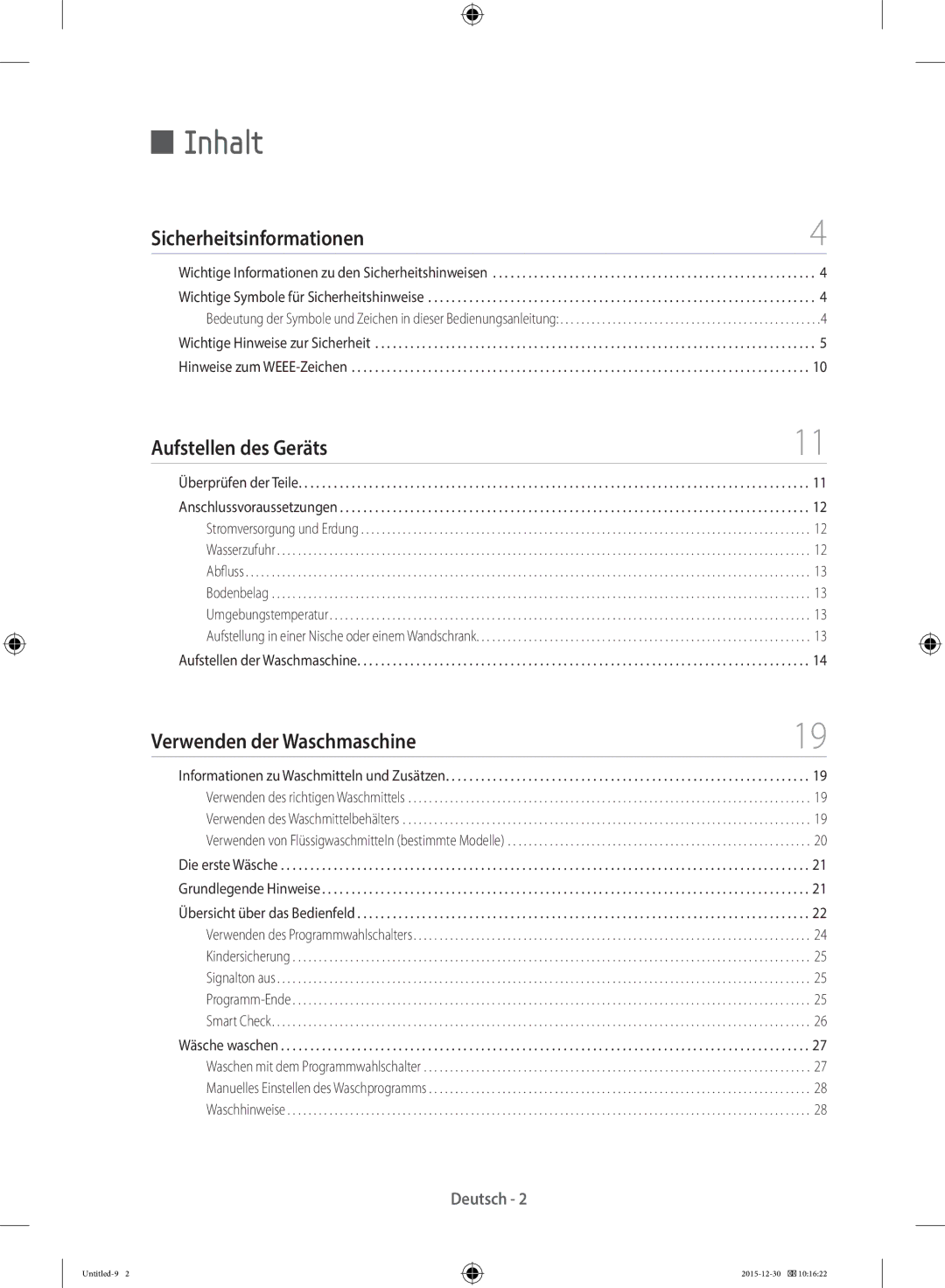 Samsung WF90F5E5U4W/WS manual Inhalt, Sicherheitsinformationen, Aufstellen des Geräts, Verwenden der Waschmaschine 