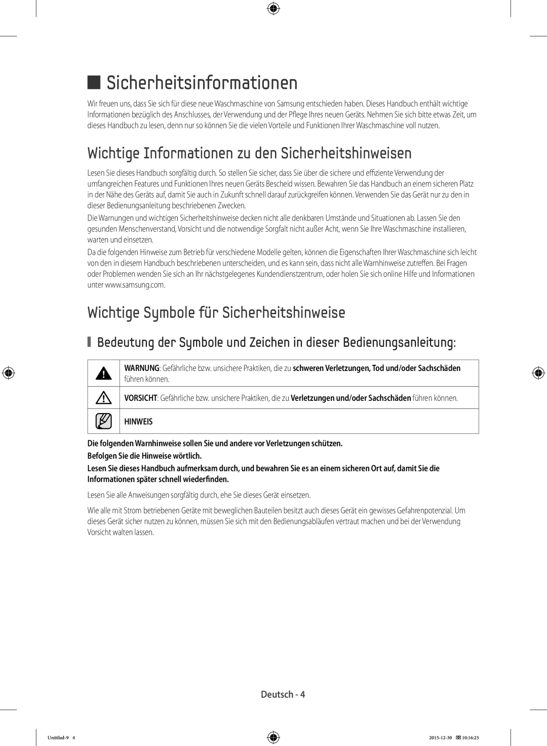 Samsung WF90F5E5U4W/WS manual Sicherheitsinformationen, Wichtige Informationen zu den Sicherheitshinweisen 