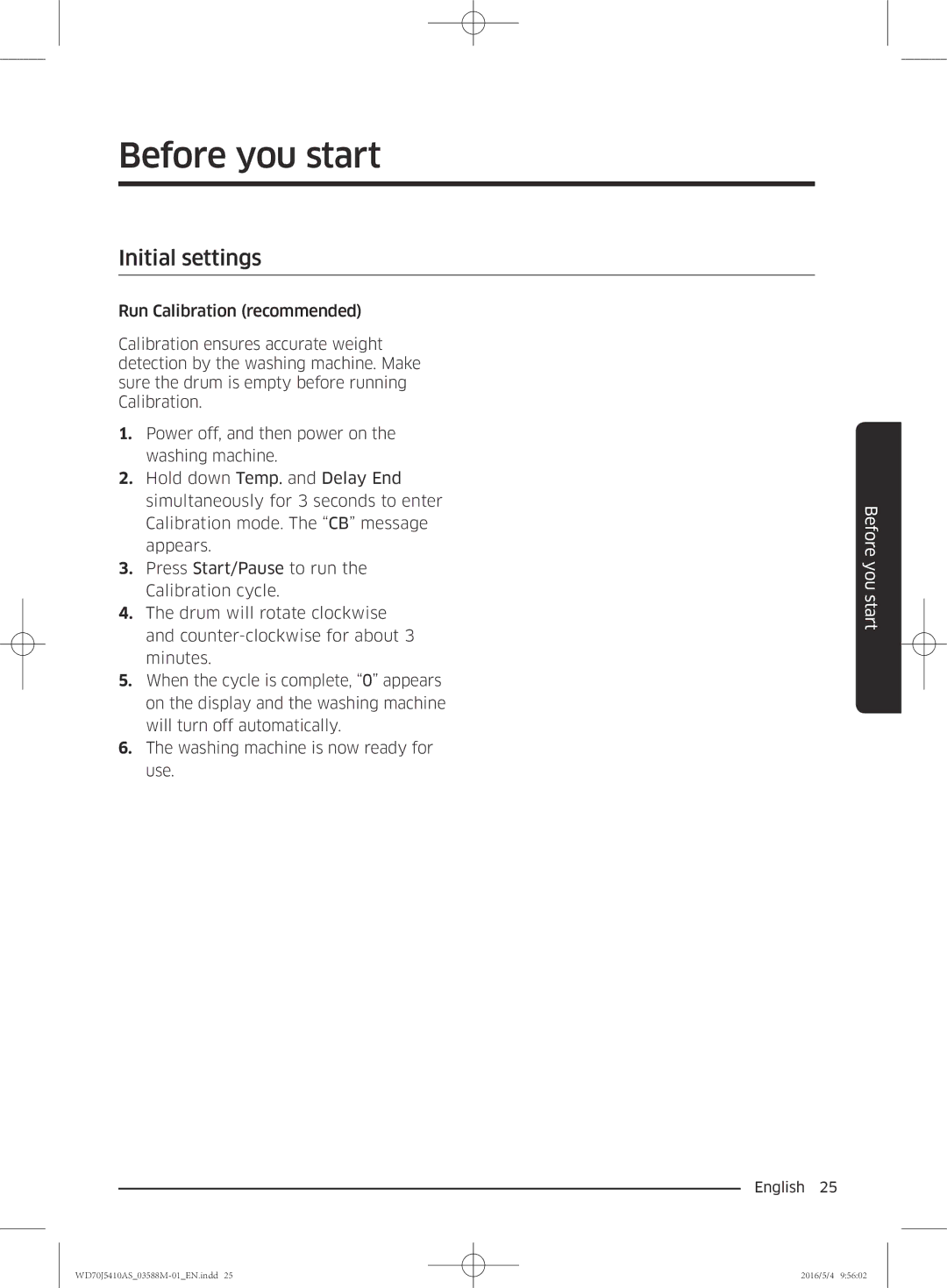 Samsung WF90F5EBP4W/EG manual Before you start, Initial settings 