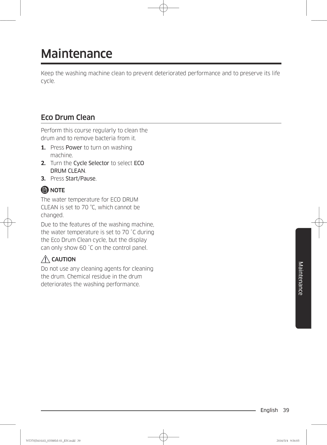 Samsung WF90F5EBP4W/EG manual Maintenance, Eco Drum Clean 