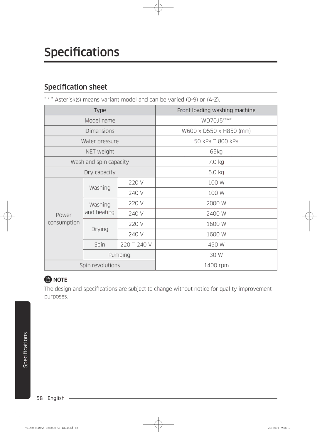 Samsung WF90F5EBP4W/EG manual Specification sheet 