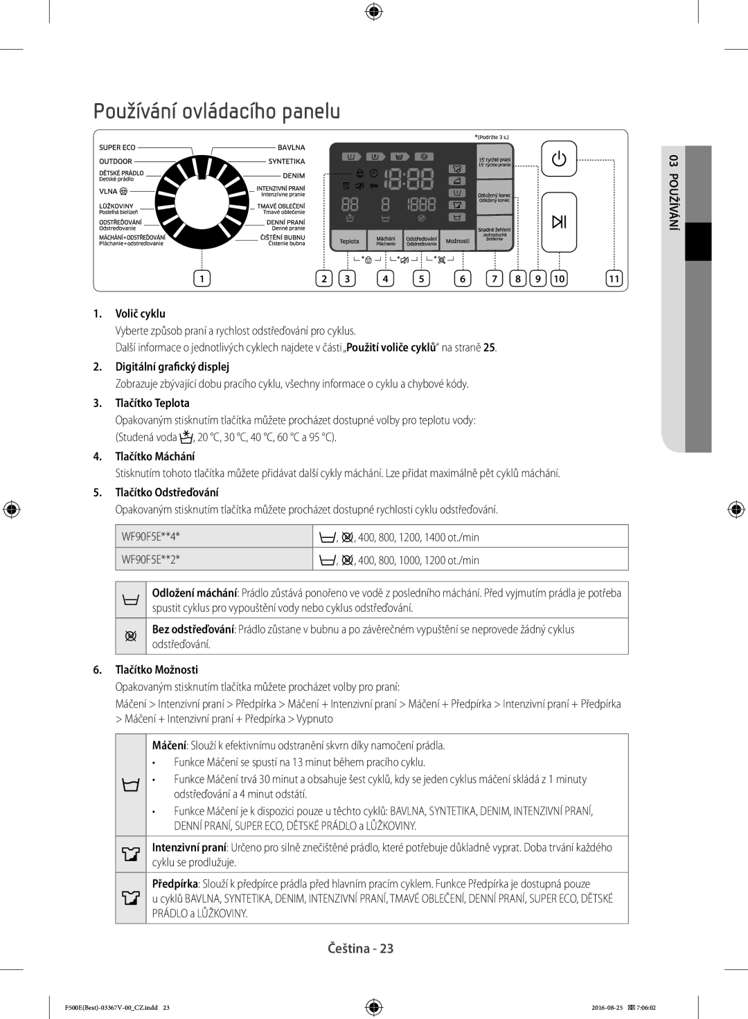 Samsung WF90F5E3U4W/ZE, WF90F5EBU4W/ZE manual Používání ovládacího panelu 