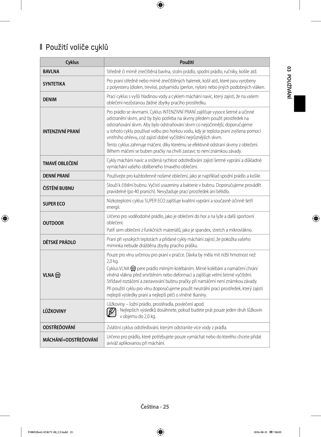 Samsung WF90F5E3U4W/ZE, WF90F5EBU4W/ZE manual Použití voliče cyklů 