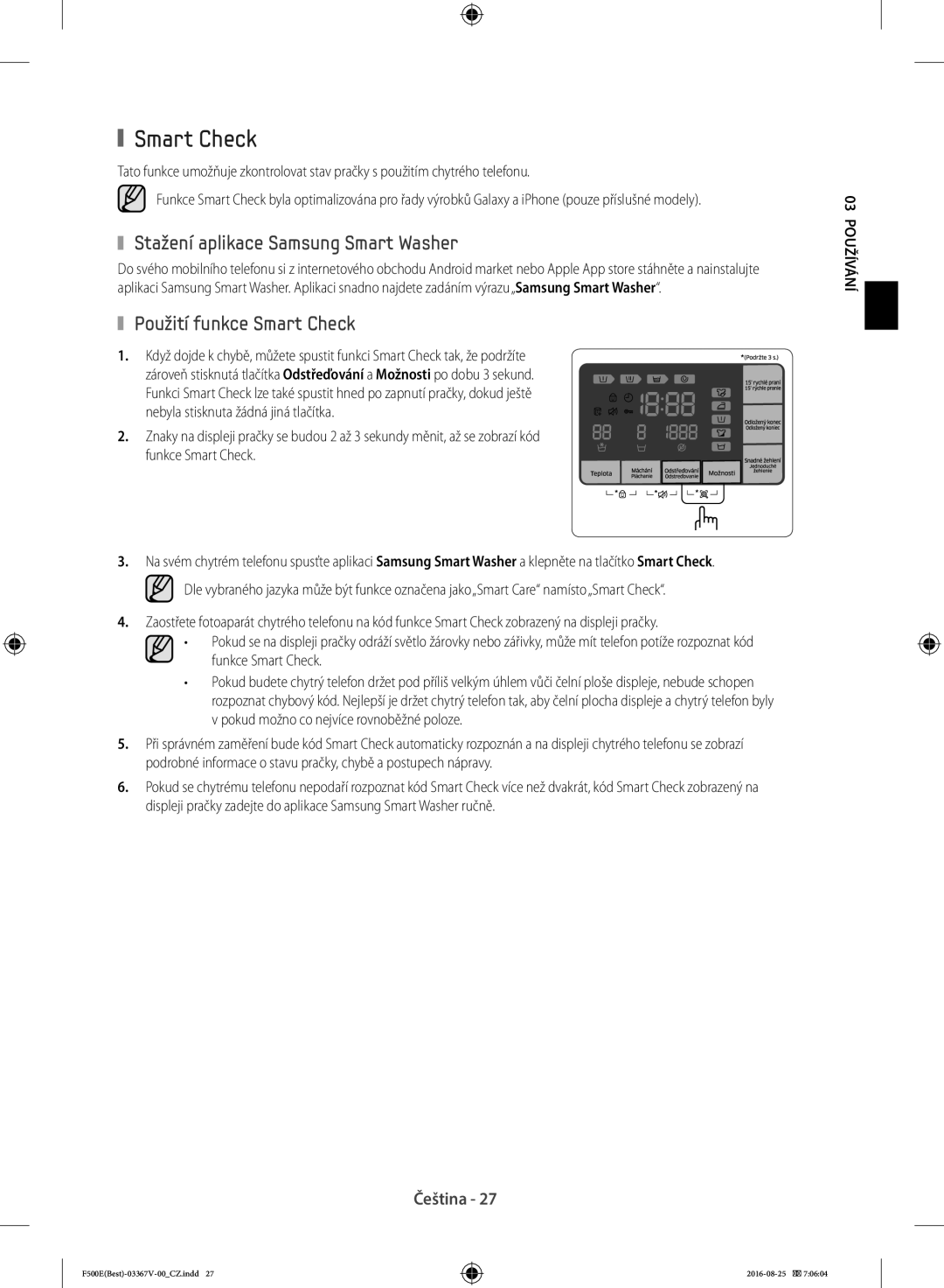 Samsung WF90F5E3U4W/ZE, WF90F5EBU4W/ZE manual Stažení aplikace Samsung Smart Washer, Použití funkce Smart Check 