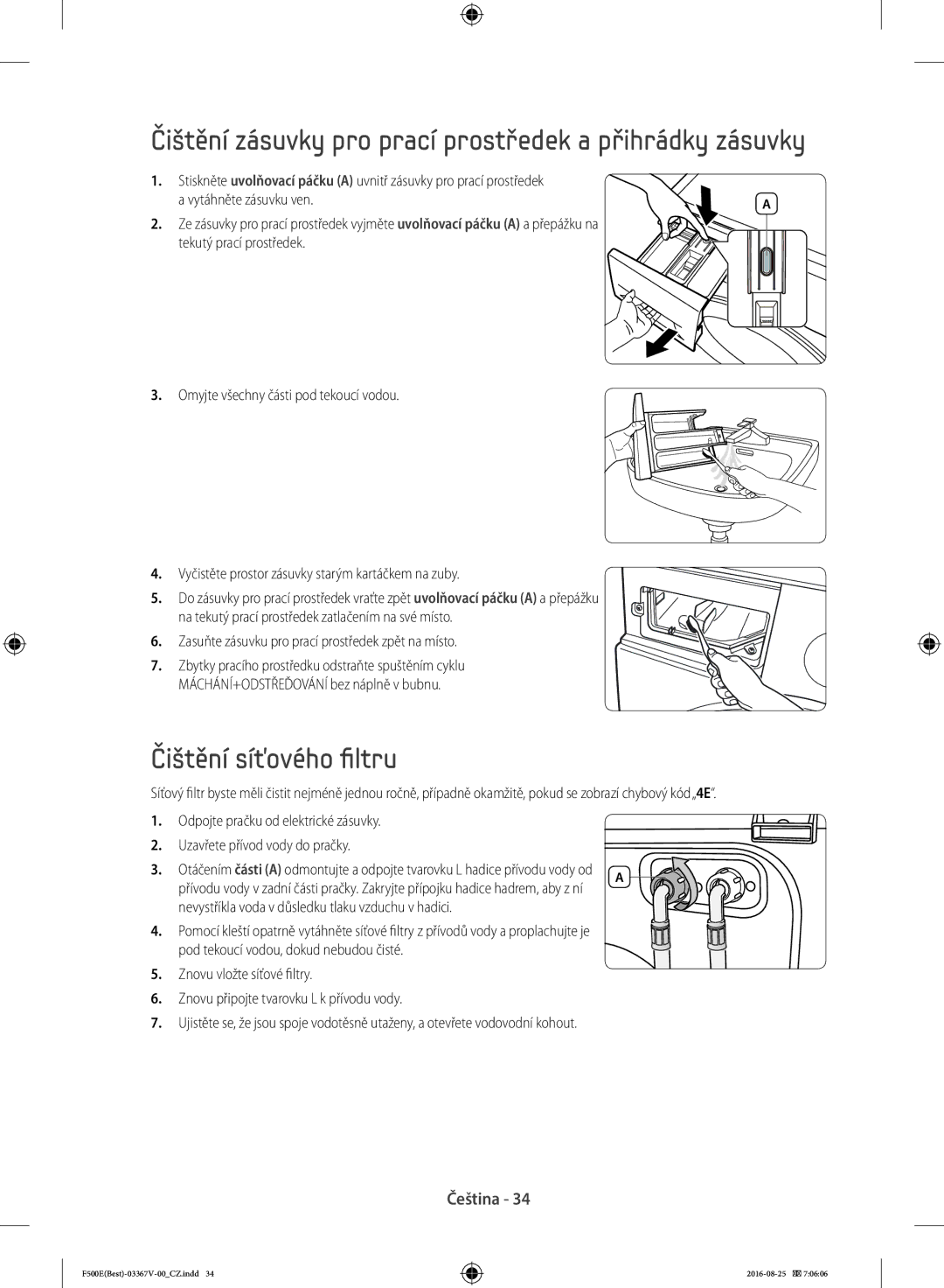 Samsung WF90F5EBU4W/ZE, WF90F5E3U4W/ZE Čištění zásuvky pro prací prostředek a přihrádky zásuvky, Čištění síťového filtru 
