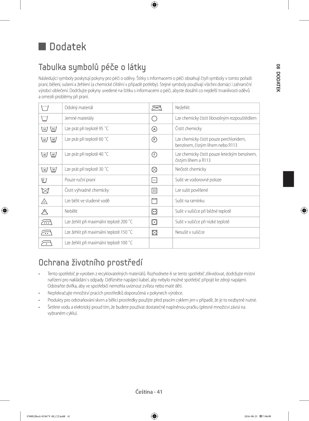 Samsung WF90F5E3U4W/ZE, WF90F5EBU4W/ZE manual Dodatek, Tabulka symbolů péče o látky, Ochrana životního prostředí 