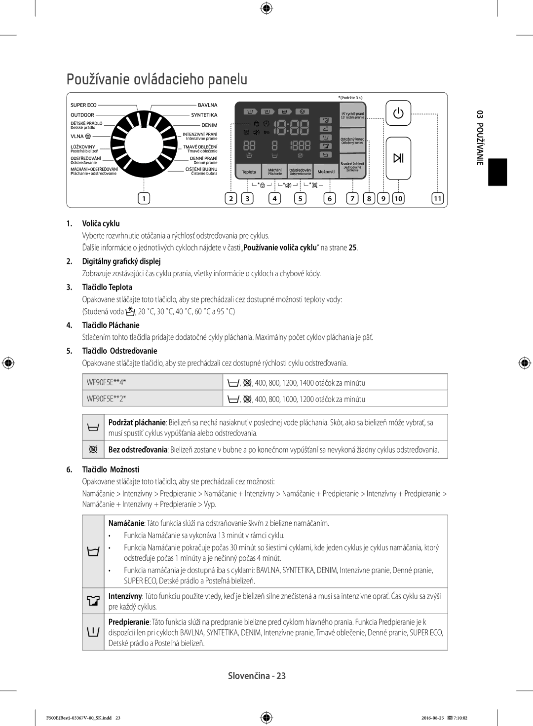 Samsung WF90F5E3U4W/ZE, WF90F5EBU4W/ZE manual Používanie ovládacieho panelu 